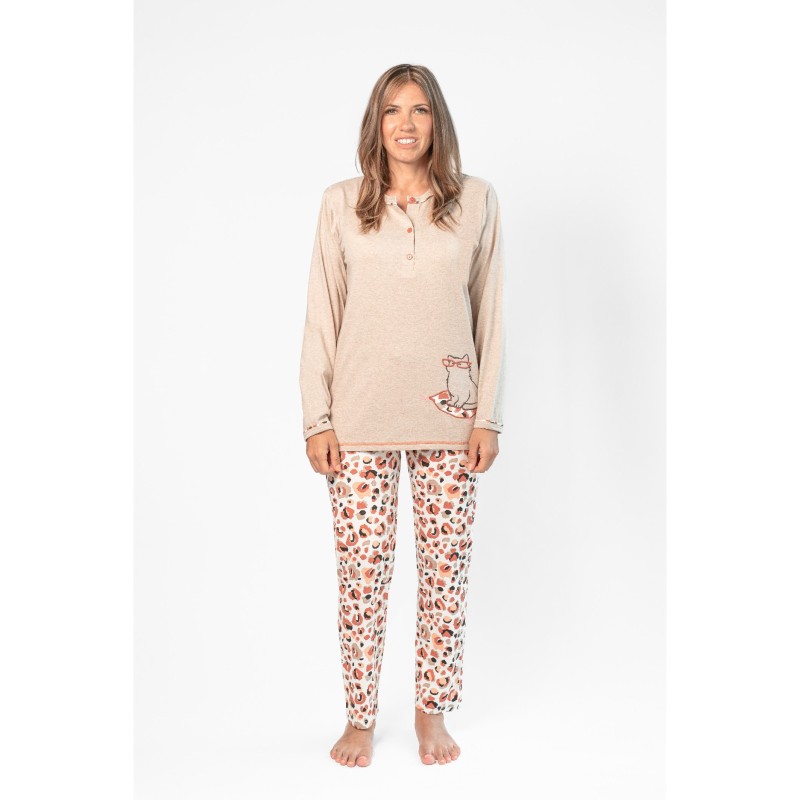 Pyjama Féline Rose Pomme – Haut beige & pantalon léopard