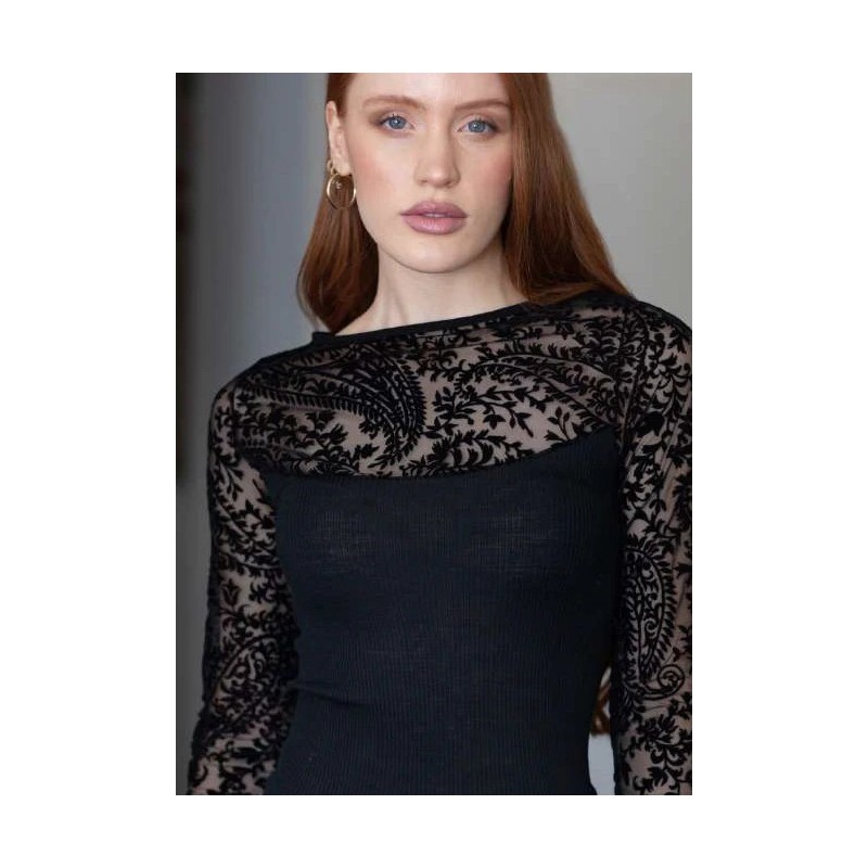T-shirt manches longues Margot Barchetta noir laine-soie