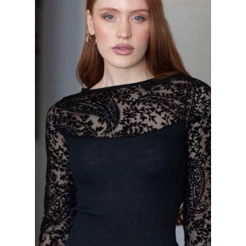 T-shirt manches longues Margot Barchetta noir laine-soie