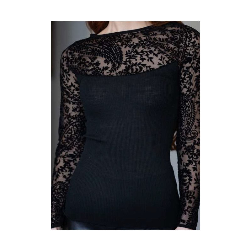 T-shirt manches longues Margot Barchetta noir laine-soie