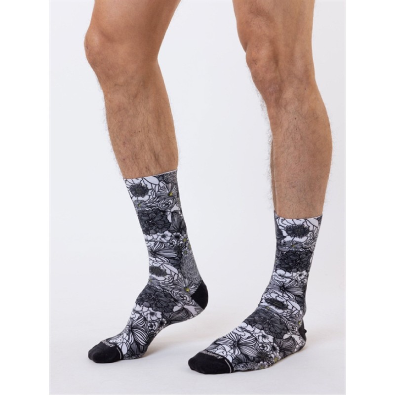 Chaussettes Loïc Henry BLACK FLOWERS - Imprimé Floral Blanc Noir Jaune Coton