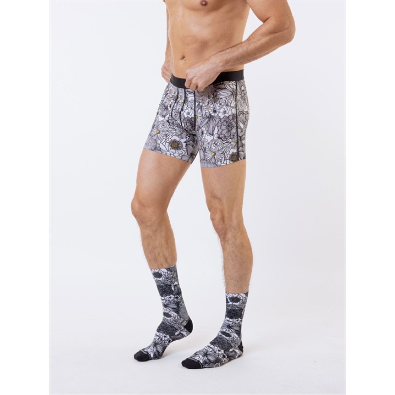 Chaussettes Loïc Henry BLACK FLOWERS - Imprimé Floral Blanc Noir Jaune Coton