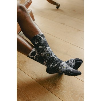Chaussettes Loïc Henry BLACK FLOWERS - Imprimé Floral Blanc Noir Jaune Coton