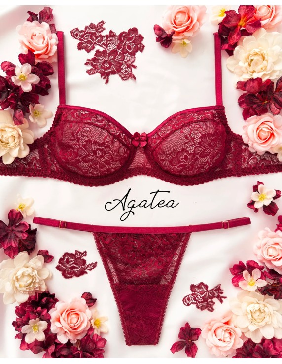 Soutien-gorge non rembourré dentelle bordeaux florale